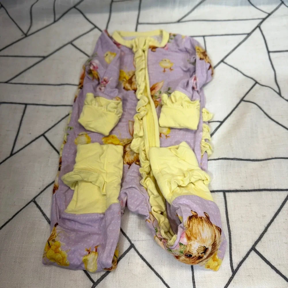 Laree + Co Bamboo Ruffle Sleeper 3-6M Purple Bunny Chick Easter Romper